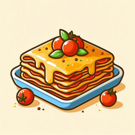 Vector illustration of a stack of lasagna with cherry tomatoes on a plateのイラスト素材
