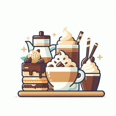 Cup of coffee with sweets. Vector illustration in flat style.のイラスト素材