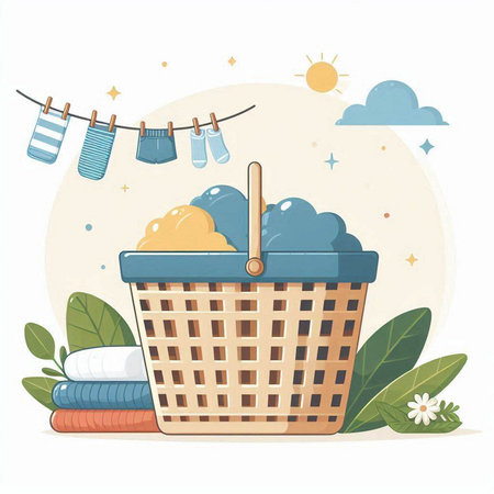 Basket with laundry and clothes. Vector illustration in flat style.のイラスト素材