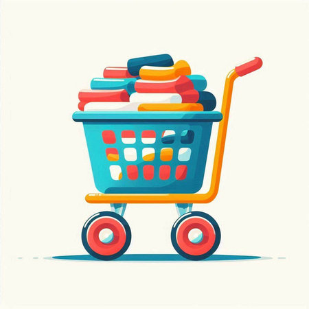 Shopping cart full of clothes. Vector illustration in cartoon style.のイラスト素材