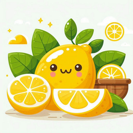 Cute lemon character with leaves and fruit basket. Vector illustration.のイラスト素材