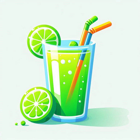 Vector illustration of a glass of fresh juice with straws and limeのイラスト素材