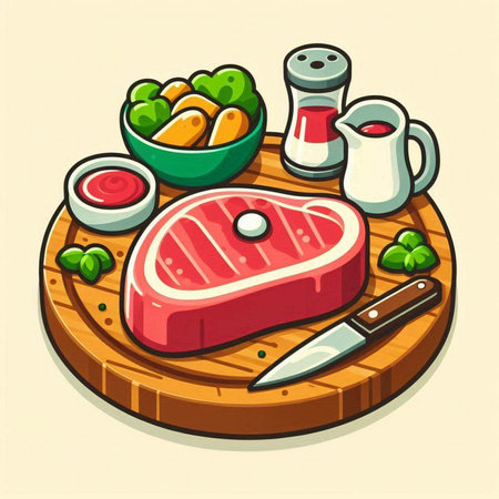 Steak and vegetables on a cutting board. Vector illustration of a cartoon style.のイラスト素材