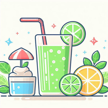 Vector illustration of fresh juice in glass with straw, ice cream, lemon and lime.のイラスト素材