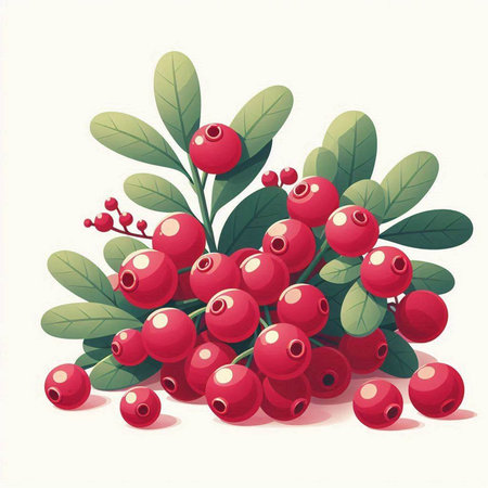 Bunch of red cranberries with green leaves. Vector illustration.のイラスト素材