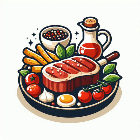 Steak on a plate with spices and vegetables. Vector illustration.のイラスト素材