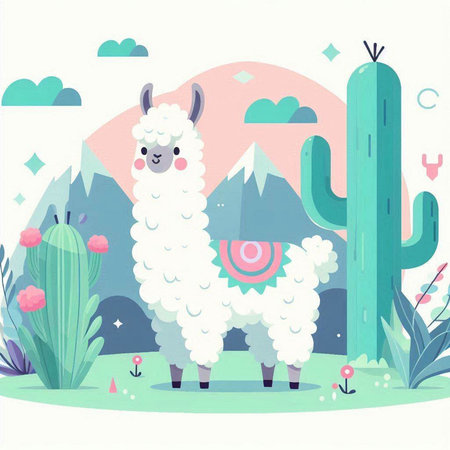 Cute cartoon alpaca. Vector illustration in flat style.のイラスト素材
