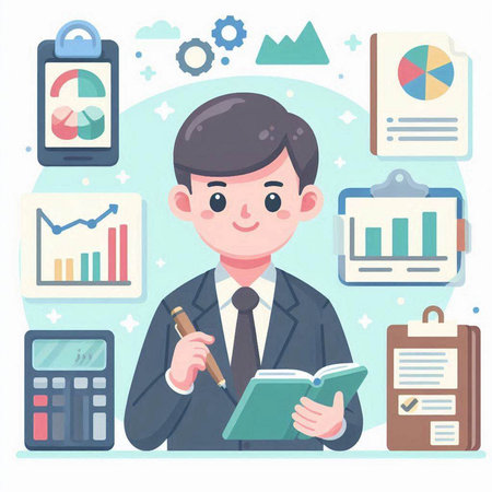 Businessman with a notebook and a calculator. Vector illustration in a flat styleのイラスト素材