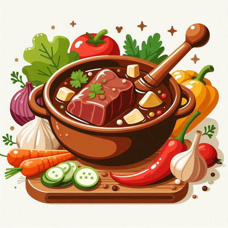 Vector illustration of beef stew in pot with vegetables, herbs and spicesのイラスト素材