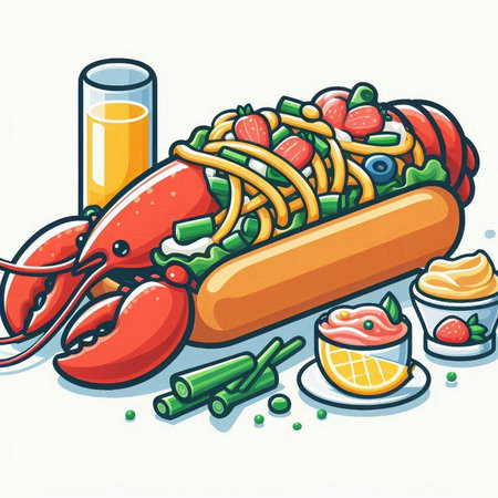 Illustration of a Hot Dog with Vegetables, Pasta and Sauceのイラスト素材