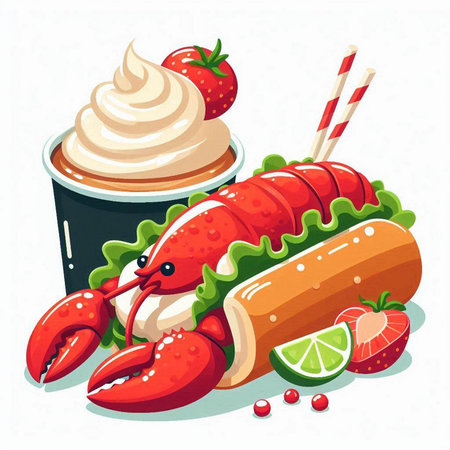 Vector illustration of a delicious hot dog with ice cream and salad.のイラスト素材