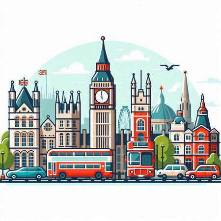 London, United Kingdom. Vector illustration in flat style. City landscape.のイラスト素材