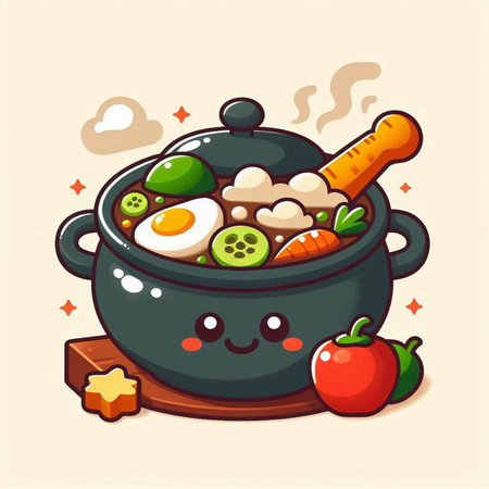 Cute cartoon soup in a pot with vegetables and fruits. Vector illustration.のイラスト素材