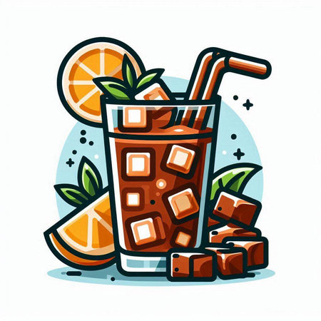 Cocktail with ice cubes, orange and mint. Vector illustration.のイラスト素材