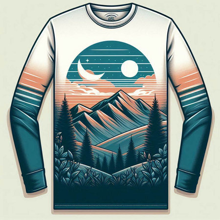 T-shirt design with a mountain landscape and a night sky.のイラスト素材
