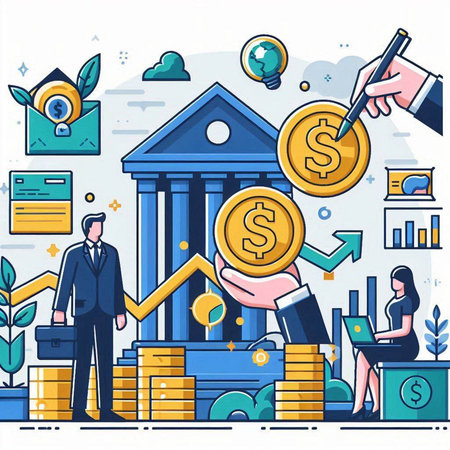 Vector illustration in flat linear style. Businessman holds money in his hand. Bank building and people.のイラスト素材