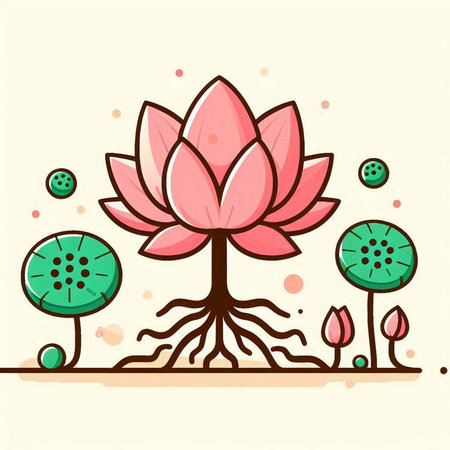 Lotus flower with roots and flowers. Vector illustration in flat style.のイラスト素材