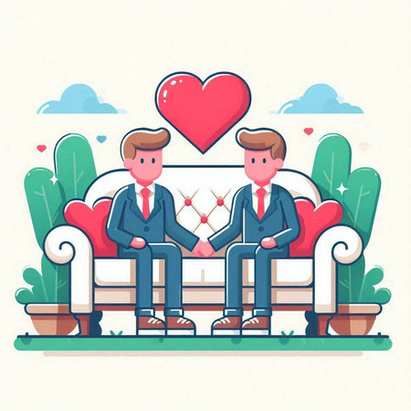 Two businessmen sitting on a sofa in the park. Vector illustration.のイラスト素材