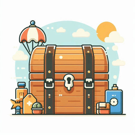 Vector illustration of a treasure chest with a lot of items on a white background.のイラスト素材