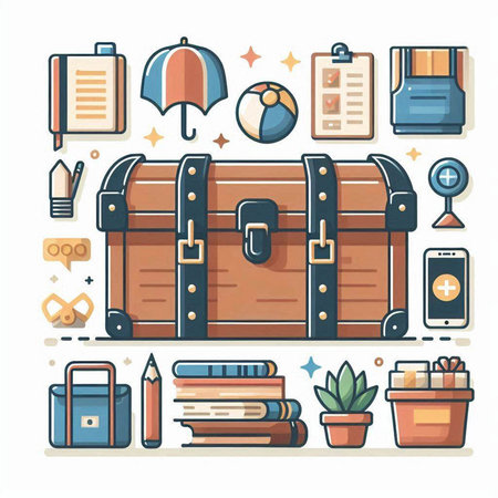 Vector illustration of a set of icons with a suitcase, books and various objects.のイラスト素材
