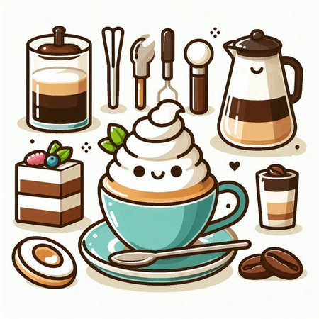 Coffee set. Vector illustration of a coffee set. Cappuccino, latte, cappuccino, cappuccino.のイラスト素材