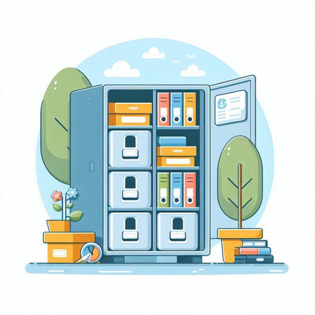 Vector illustration of office cabinet with folders, books and plants. Flat style.のイラスト素材