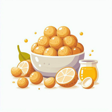 Litchi fruit in bowl and juice on white background. Vector illustration.のイラスト素材
