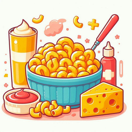 Vector illustration of a bowl of macaroni with cheese and sauceのイラスト素材