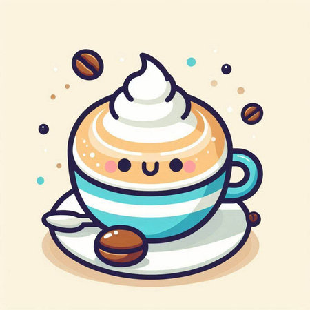 Coffee cup with whipped cream and macaroon. Vector illustration.のイラスト素材