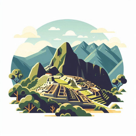 Mountain landscape vector illustration. Landscape with mountains, trees and houses.のイラスト素材
