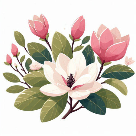 Magnolia flowers isolated on white background. Hand drawn vector illustration.のイラスト素材