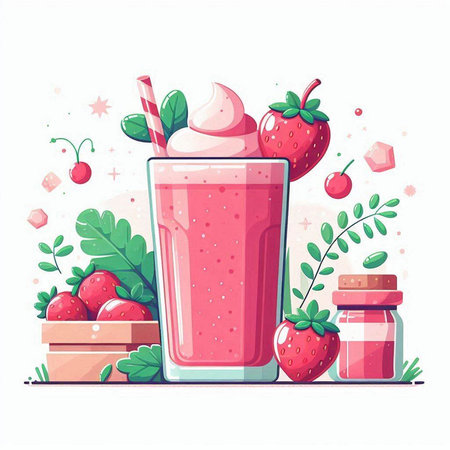 Strawberry smoothie in a glass with a straw. Vector illustration.のイラスト素材