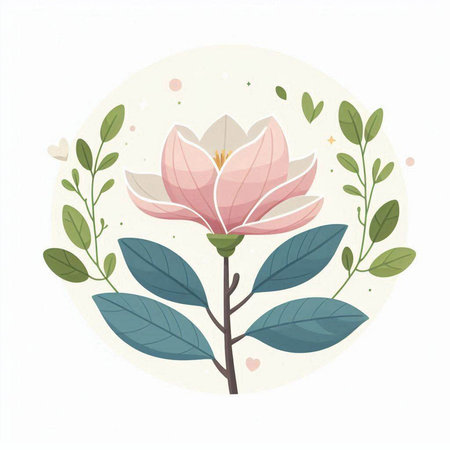 Beautiful magnolia flowers with green leaves. Hand drawn vector illustration.のイラスト素材