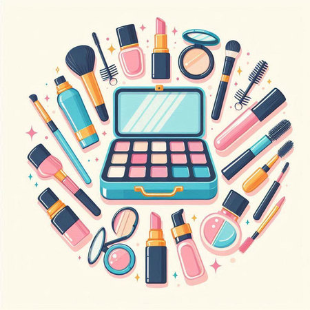 Vector round composition with set of decorative cosmetics and accessories. Vector illustration.のイラスト素材