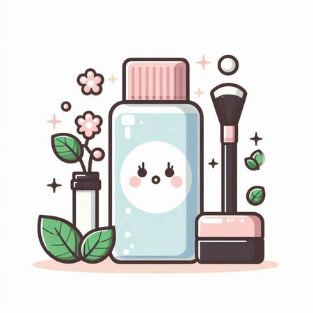Cosmetic bottle with face cream and cosmetic brush. Vector illustration.のイラスト素材