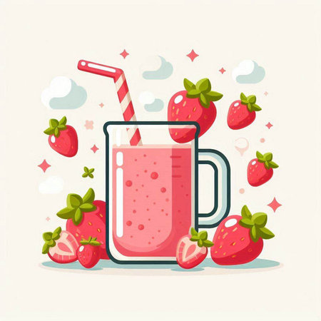 Strawberry smoothie in a glass. Vector illustration in flat style.のイラスト素材