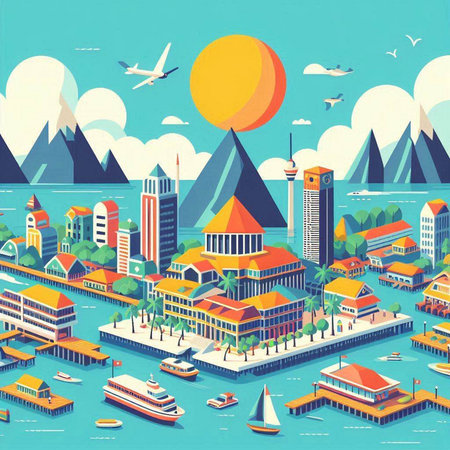 Traveling around the world. Vector illustration in cartoon style. Cityscape with buildings, skyscrapers, boats and people.のイラスト素材