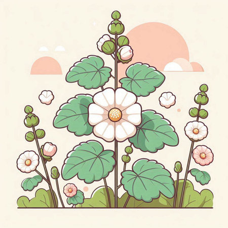 Flowering meadow with white flowers. Vector illustration in retro style.のイラスト素材