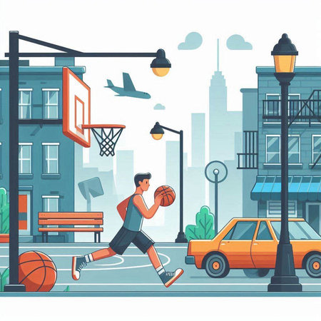 Basketball player in action on the street. Vector illustration in flat styleのイラスト素材