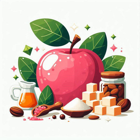 Healthy food concept. Vector illustration of apple, nuts, sugar and honey.のイラスト素材
