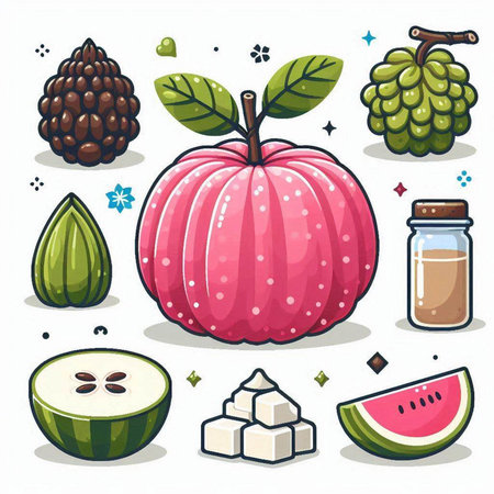 Set of fruit icons on white background. Vector illustration in cartoon style.のイラスト素材