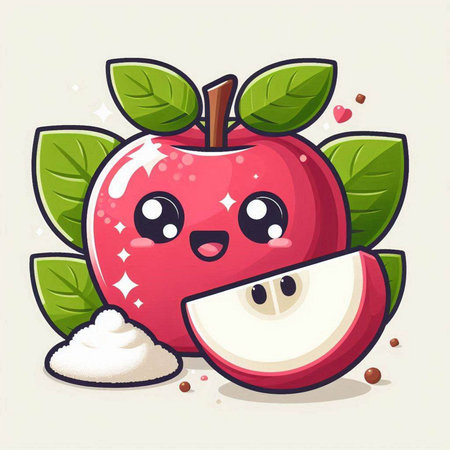 Cute red apple character with sliced apple. Vector cartoon illustration.のイラスト素材