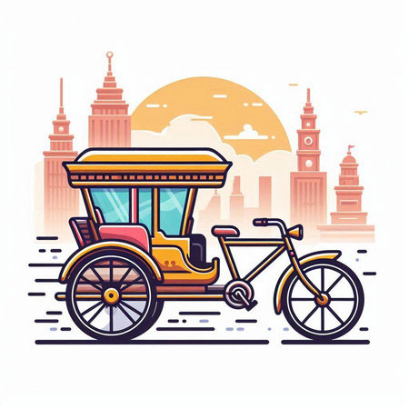 Vintage tricycle in Bangkok, Thailand. Vector illustration in flat styleのイラスト素材