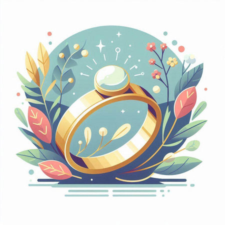 Wedding rings with floral ornament. Vector illustration in flat styleのイラスト素材