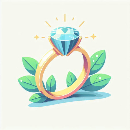 Wedding ring with diamond and green leaves. Vector illustration.のイラスト素材