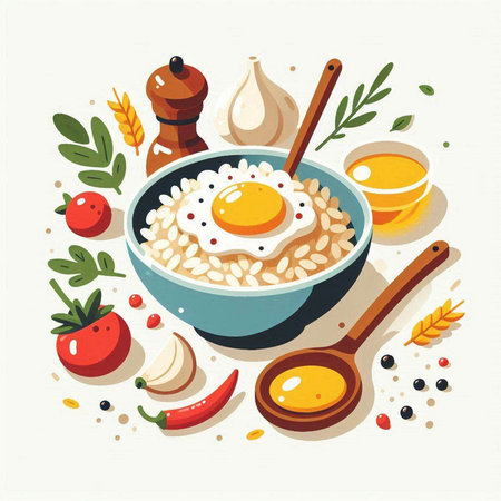 Oatmeal porridge with fried egg, vegetables and spices. Vector illustration.のイラスト素材