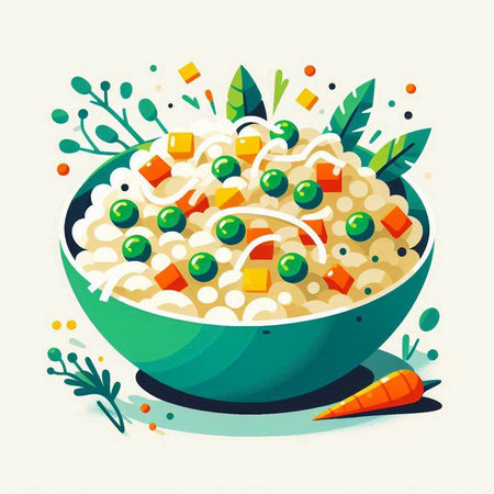 Vector illustration of a bowl of oatmeal with green peas and carrotsのイラスト素材