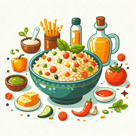 Vector illustration of Italian risotto with vegetables, herbs and spices.のイラスト素材