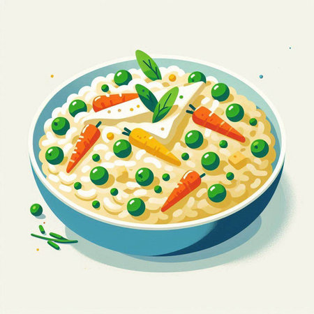 Illustration of a bowl of risotto with vegetables and feta cheeseのイラスト素材