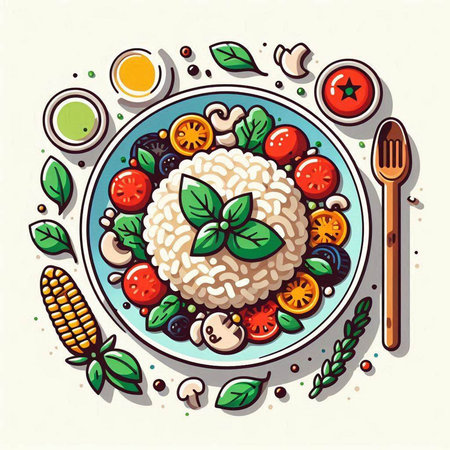 Risotto with tomatoes, mushrooms and basil. Vector illustration.のイラスト素材